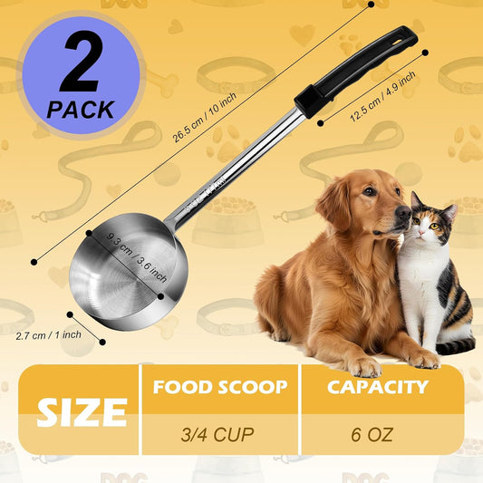 2 Pcs Dog Food Scoop Long Handled Scoops 3/4 Cup Stainless Steel Measuring Cups Portion Control Serving Spoons for Dogs Cats Birds and Rabbits Pet Food Feeding Scoop (3/4 Cup)