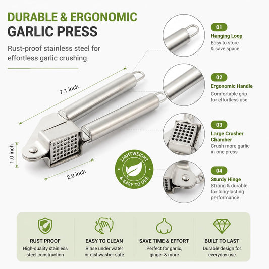Garlic Press Stainless Steel Heavy Duty | Ergonomic Easy-Press Garlic Mincer for Arthritis & Weak Hands | Easy to Clean, Dishwasher Safe Manual Garlic Crusher for Home Kitchen