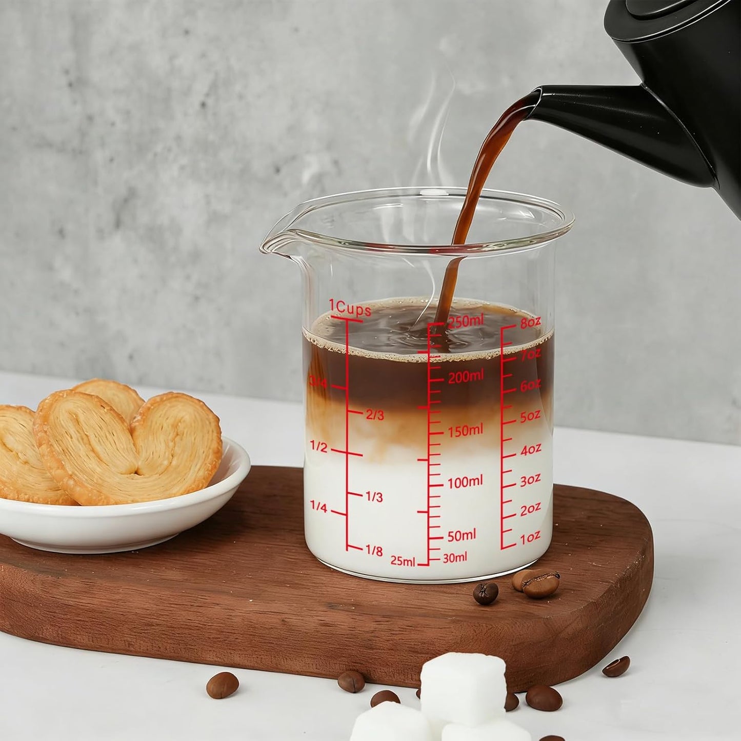 Glass Measuring Cup 8OZ/250ML/1 CUP High Borosilicate Heat Resistant Glass Measuring Cup with Clear Markings (oz, Cup, ml) Liquid Measuring Cup with Spout (250ml)