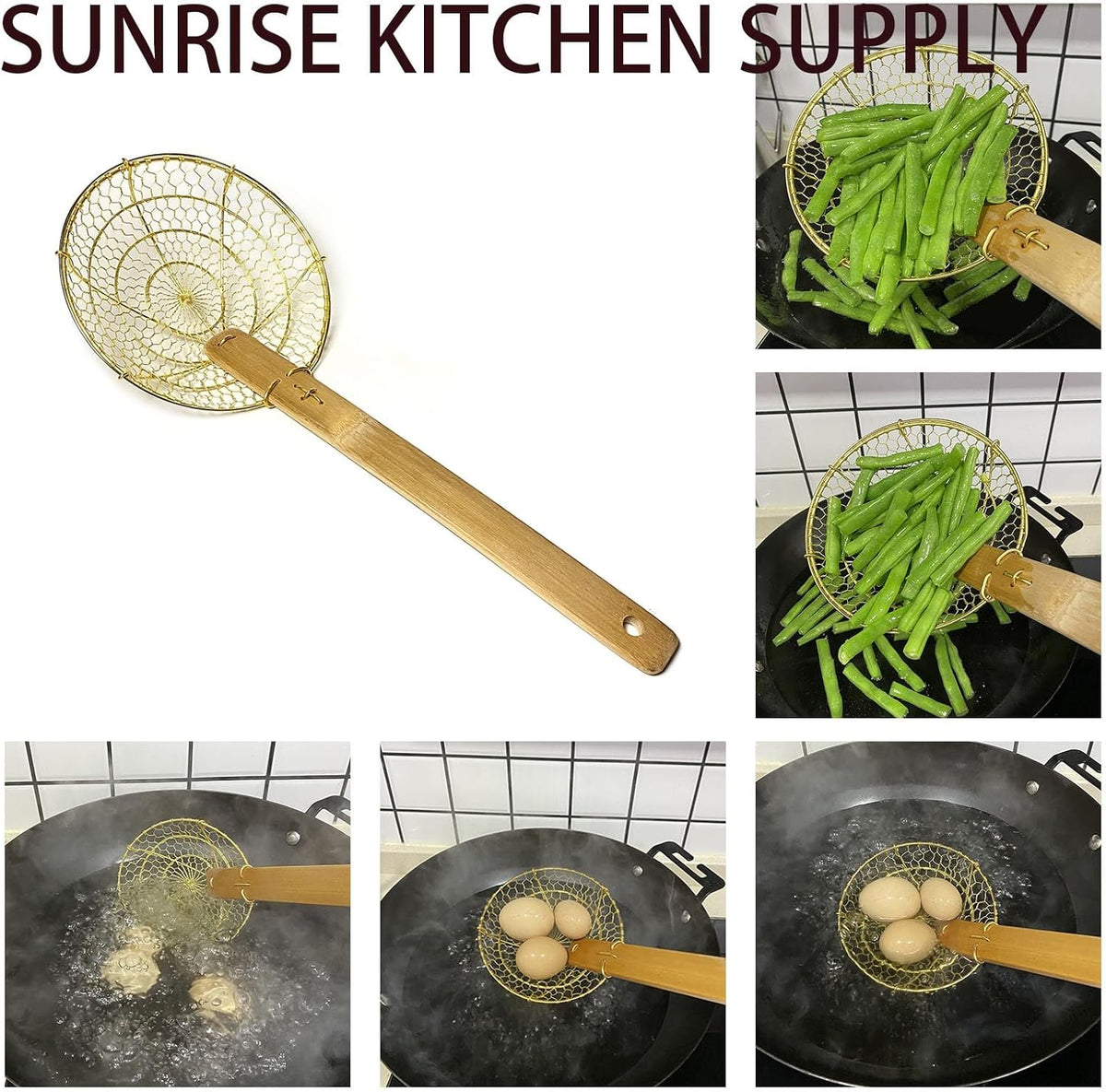 Kitchen Supply 6" Round Brass Spider Strainer with Bamboo Handle
