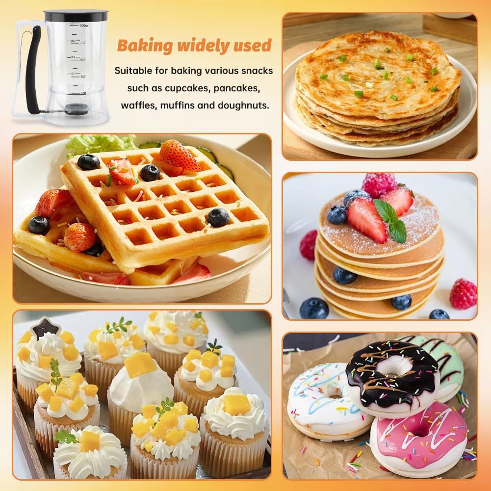 Pancake Batter Dispenser–4-Cup Batter Dispenser with Cupcake Scoop Batters Dispenser,Pancake Waffl Mix Dispenser with Squeeze Handle & Measuring Marks,for Cupcake,Muffins, Crepes