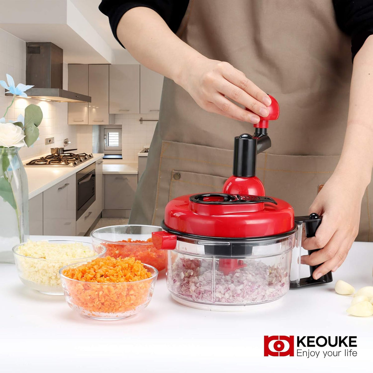 Hand Crank Food Chopper Red - Manual Food Processor with Egg Separator, Labor-Saving, Easy to Clean, Large Vegetable Mixer Blender for Onion, Garlic, Salad, Salsa, Nuts, Meat, Fruit, etc