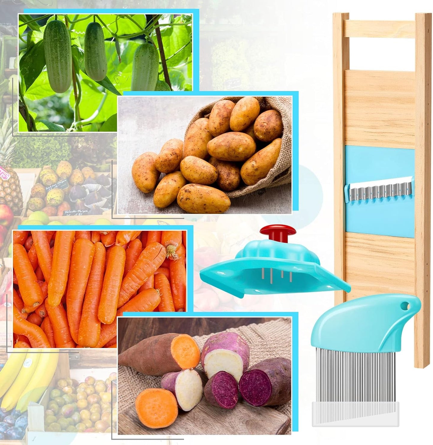 3 Pcs Waffle Fry Cutter Set Crinkle Cutter for Potatoes French Fry Lattice Maker Carrot Wavy Chopper Slicer Stainless Steel Knife with Protective Cover for Home Veggies Pickle Kitchen Food Safety