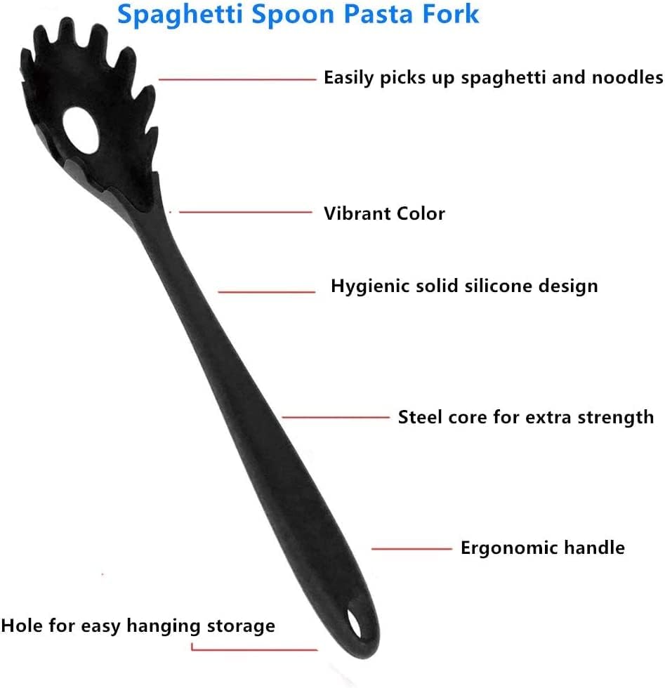 Silicone Pasta Fork (11.2"), 2-Pack Spaghetti Server Spoon Heat Resistant 600°F, Food Grade Pasta Spoon, BPA Free, Noodle Spoons. (Silicone)