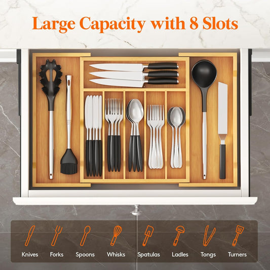 Silverware Drawer Organizer, Expandable Utensil Tray for Kitchen, Flatware and Cutlery Holder, Wood Adjustable Storage for Spoons Forks Knives, 13-22x15/ 33-56x38cm, Natural