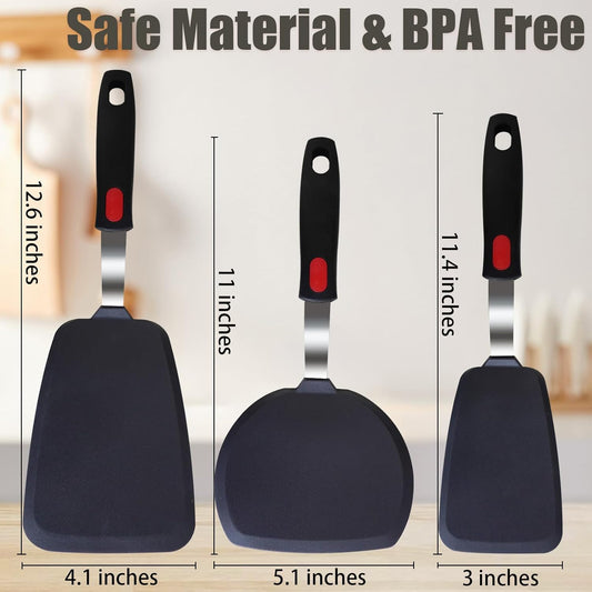 3-Pack Large Silicone Spatula Turners for Nonstick Cookware | 600°F heat resistant, BPA free, dishwasher safe, large flexible silicone, easy clean for eggs, pancakes and baking