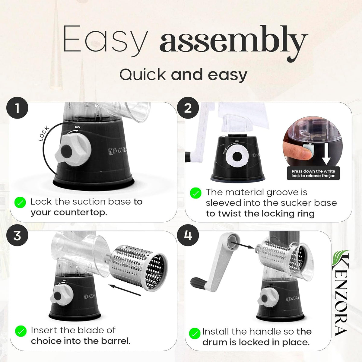 Rotary Cheese Grater Hand Crank & Vegetable Chopper - 3-in-1 Manual Cheese Shredder with Handle - Fast Meal Prep Mandoline Slicer - Strong Suction Base & Safe Kitchen Gadgets, Black