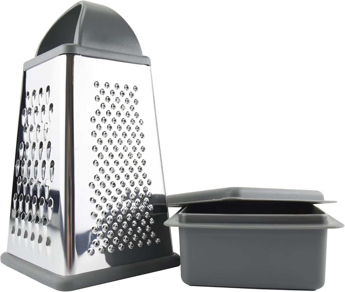 Box Grater with Storage Bin Stainless Steel 4 Sided Cheese Shredder for Shredding Slicing Vegetables Ginger Parmesan, Easy to Clean Dishwasher Safe Box Grater with Bowl & Lid, Charcoal Gray