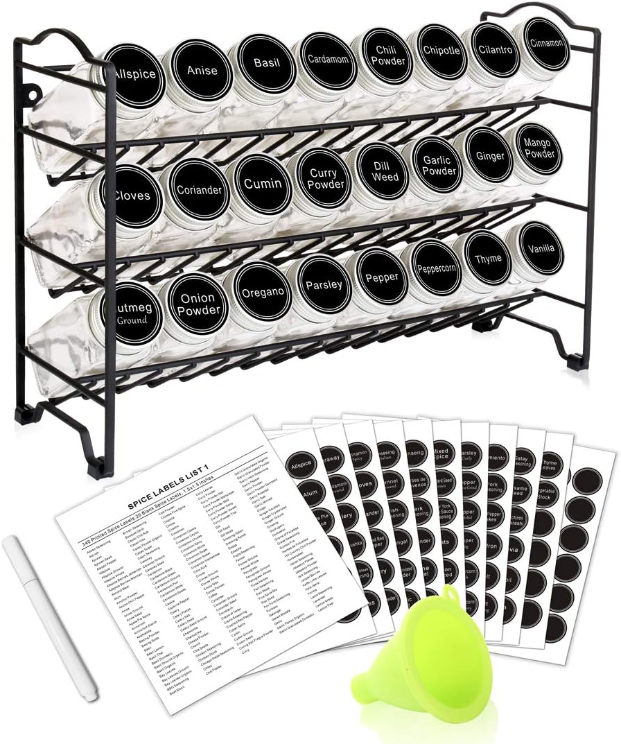 Spice Rack Organizer with 32 Glass Spice Jars, 396 Spice Labels, Chalk Marker and Funnel Complete Set, for Cabinet, Countertop, Cupboard or Wall Mount, Black