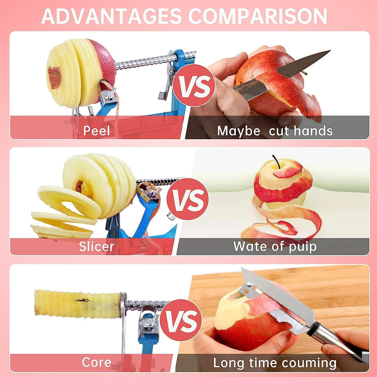 Apple Peeler, Slicer Corer Potato Peelers 3 In 1, Stainless Steel Heavy Duty with Suction Cup Base (Red)