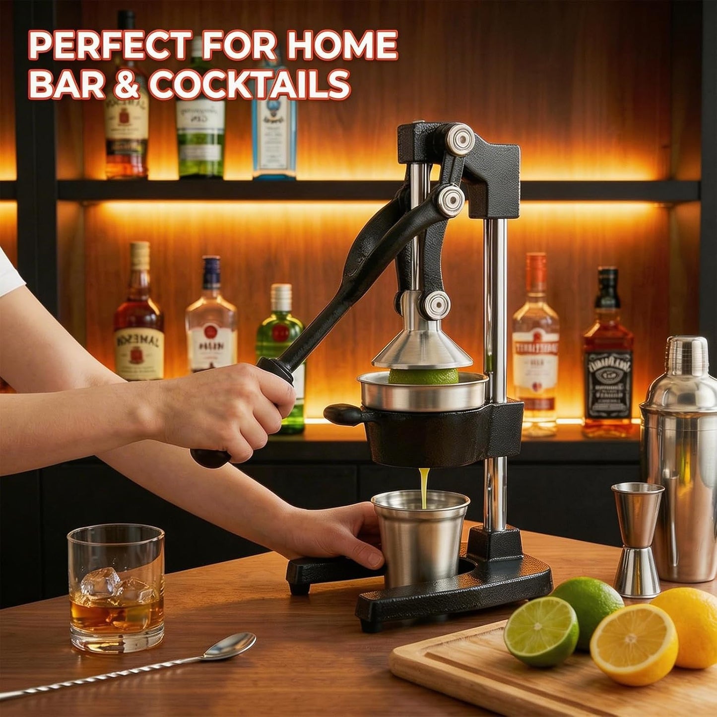Cast Iron Citrus Juicer Hand Press, Heavy Duty Manual Orange Juicer Squeezer with 304 Stainless Steel Cup & Strainer, Lemon Grapefruit Pomegranate Press, Grey