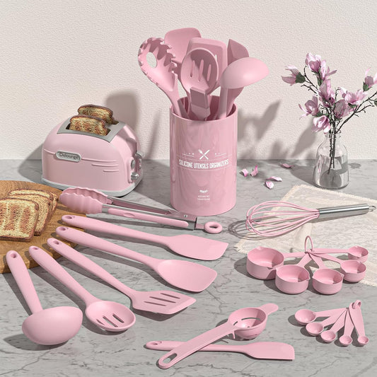 22-Piece Silicone Cooking Utensils Set, Heat Resistant & Dishwasher Safe Kitchen Tools, Non-Scratch Spatula Set for Nonstick Cookware (Pink)