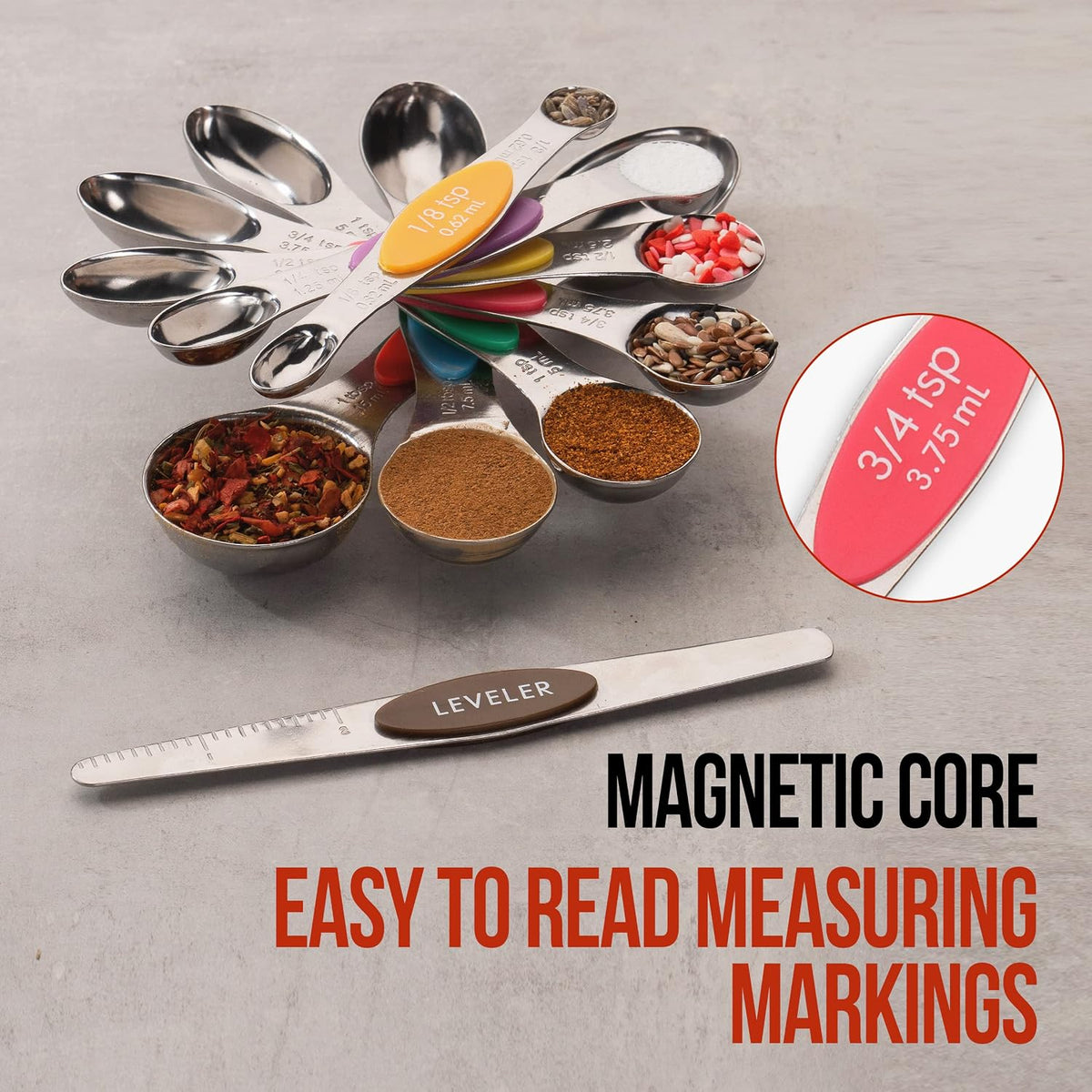 Magnetic Measuring Spoons Set of 8 Stainless Steel Etched Dual Sided Stackable Engraved Nesting Teaspoons Tablespoons for Measuring Dry and Liquid Ingredients (Multicolor)