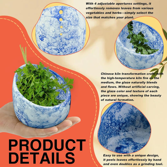 Chinese Kiln Transformation Blue and White Pattern Ceramic Herb Stripper Bowl - Pottery Herb Stripper, Kitchen for Efficient Kale/Cilantro/Thyme Leaf Removal
