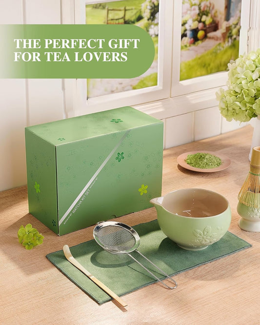 ZENS Premium Matcha Whisk Set, 6pcs Matcha Kit for Matcha Latte, Green | Ceramic Matcha Set Icludes Ceramic Bowl, Bamboo Whisk, Chasen Holder, Scoop, 304 Sifter & Tea Mat, Japanese Tea Ceremony