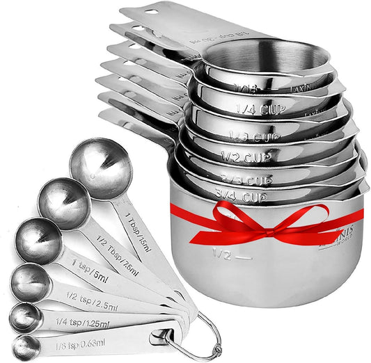 Measuring Cups and Spoons Set - Premium 13-Piece Stainless Steel, 7 Cups & 6 Spoons, Stackable, Ideal for Accurate Liquid and Dry Ingredient Measurement.