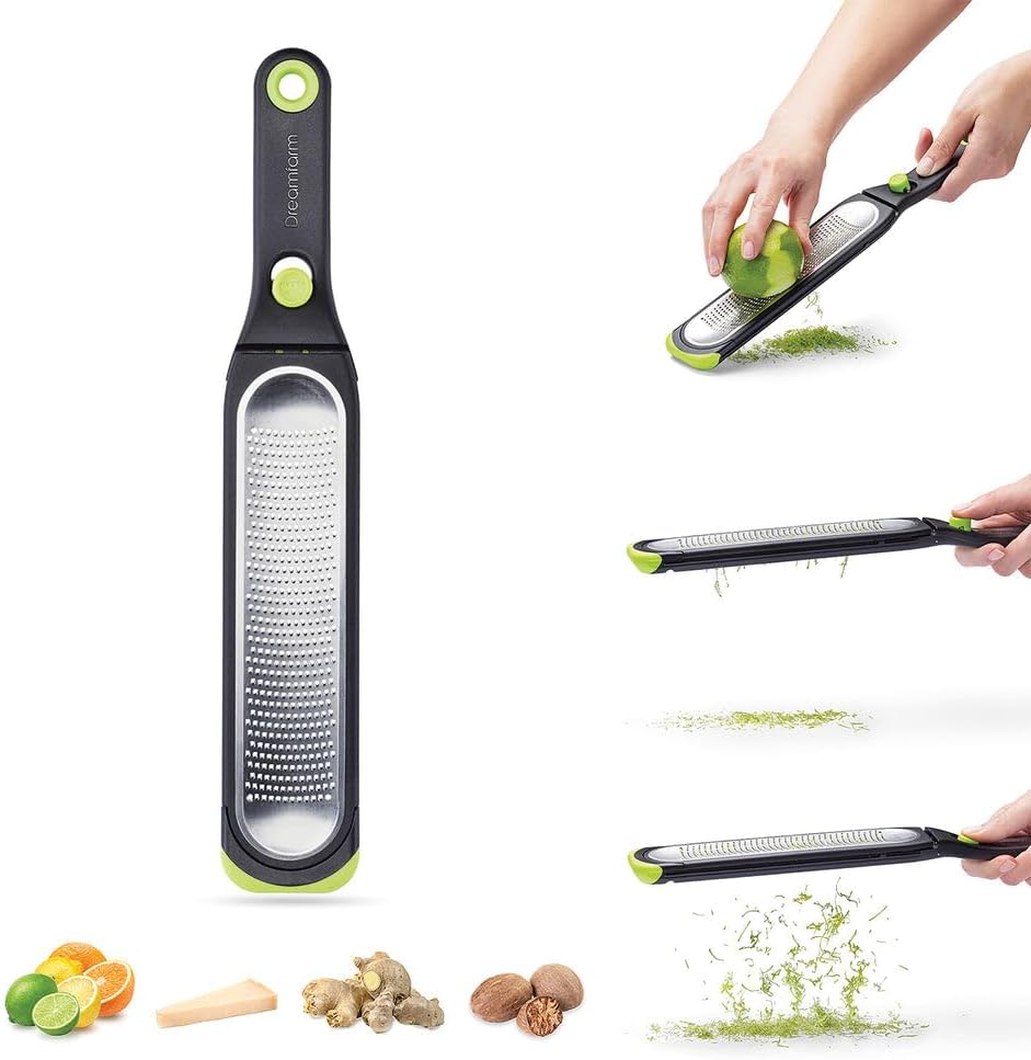 Ozest Self-Cleaning Zester with Pop Button - 1mm Fine Zesting | Grates fine, citrus zest, parmesan, nutmeg and spices with concave, sharp stainless steel plane and non-slip silicone foot