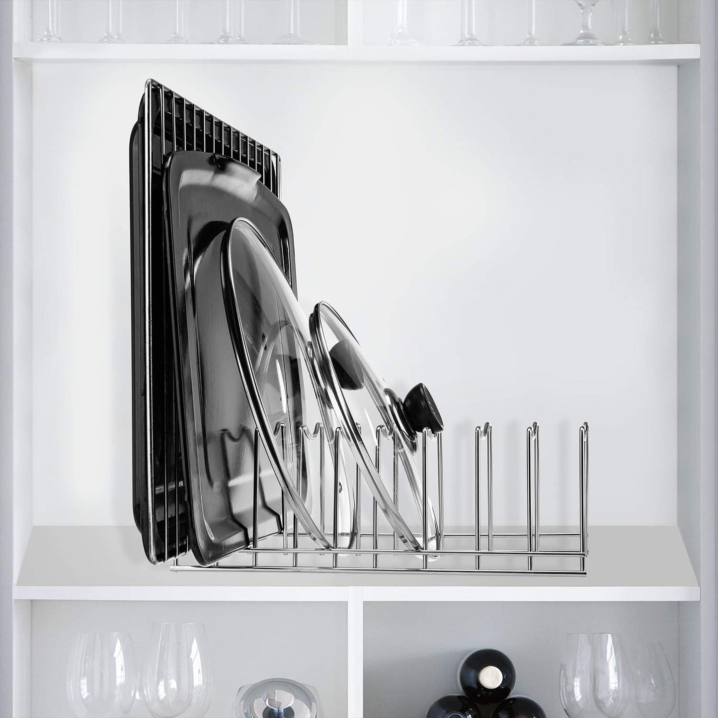 Pot Lid Organizer, Pot Lid Rack Holder, Rest Cutting Board, Bakeware, Pots & Pans, Serving Trays, Reusable Containers in Cabinet Pantry, Stainless Steel