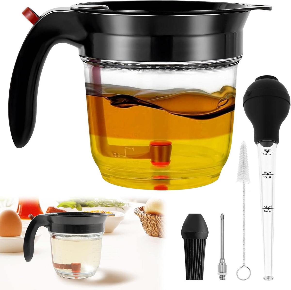 Fat Separator with Bottom Release, 33 Oz Gravy Separator for Cooking with Oil Strainer, Kitchen Gadgets Grease Separator with Stainless Steel Barbecue Syringe