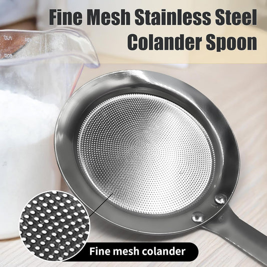 Fine Mesh Stainless Steel Colander Spoon, Sieve Fine Mesh Strainer with Long Handle Stainless Steel Skimmer Spoon Kitchen Gadget for Cooking Oil Filter Skimming Grease and Foam