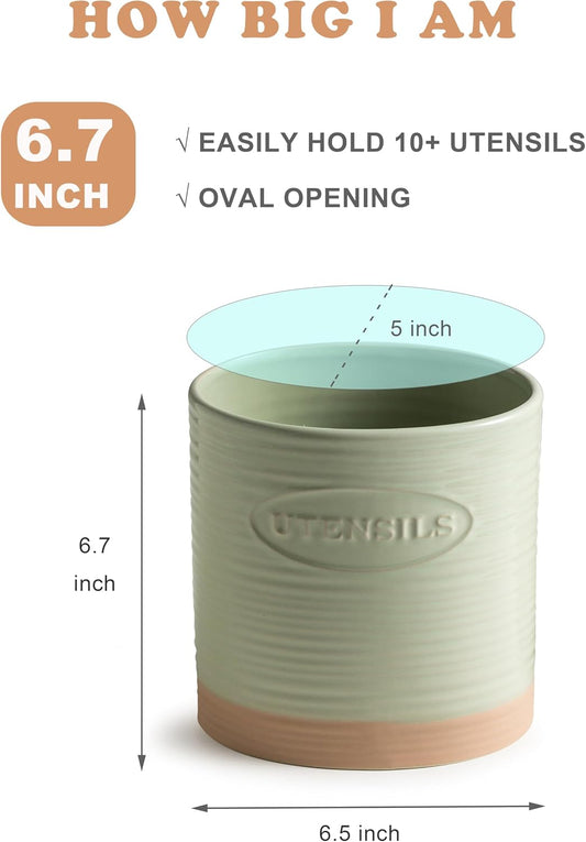 Kitchen Utensil Holder, Ceramic Utensil Holder for Kitchen Counter | 6.7" Large Cooking Utensil Crock for Spatulas,Spoons, Farmhouse Utensil Organizer Storage, Oval Opening, Two-Tone, Green
