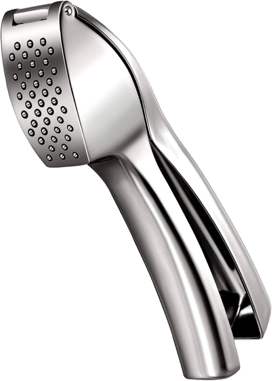 Heavy Duty Garlic Press, Zinc Alloy Garlic Crusher & Mincer, Easy Squeeze Garlic Press Tool with Ergonomic Handle, Garlic Mincer with Peeler Tube & Cleaning Brush for Kitchen Cooking