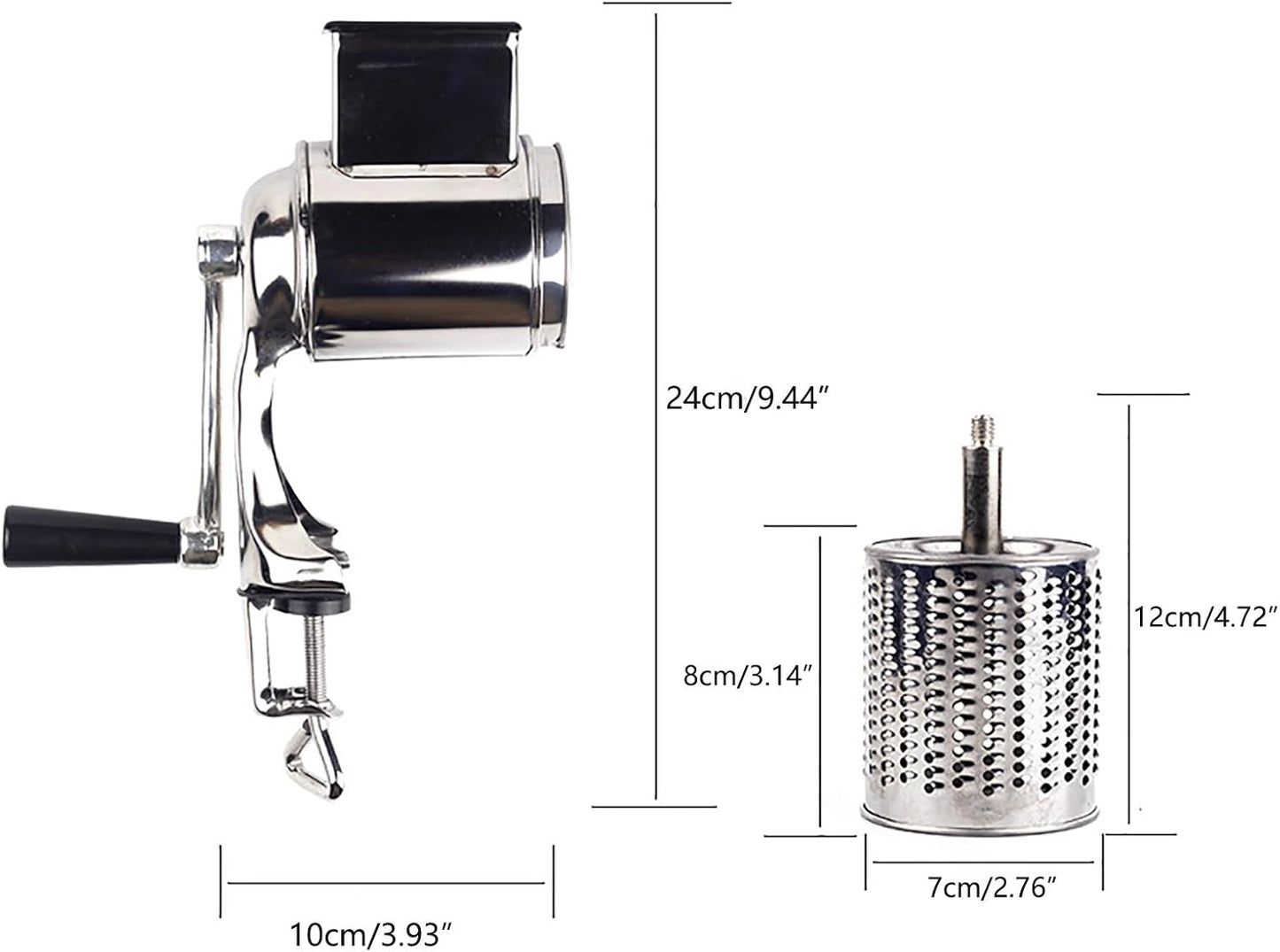 kitchen Grater, Rotary Cheese Grater with Interchangeable Round Stainless Steel Blades for Fruits, Vegetables and Nuts