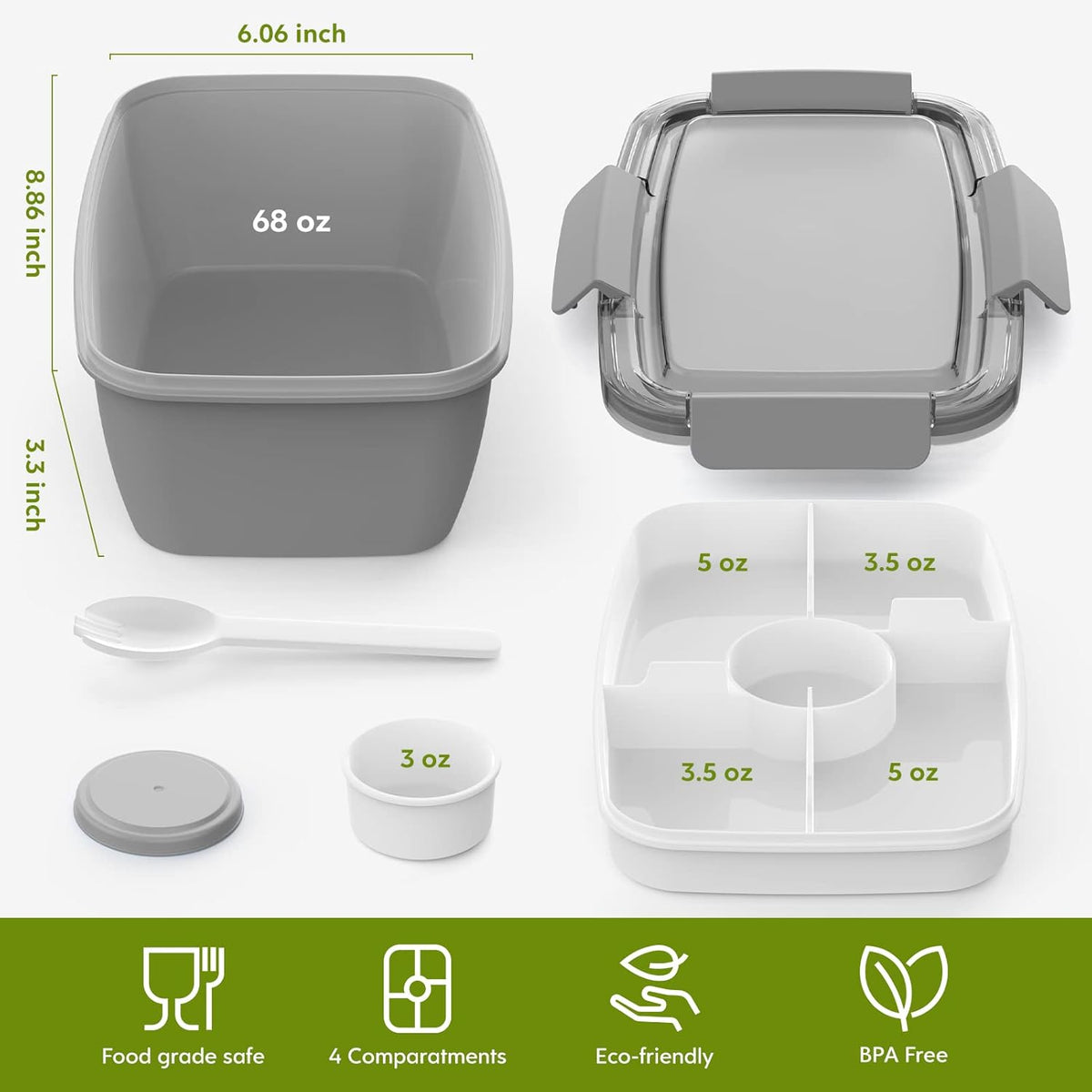 2Pack Salad Lunch Container, 68oz Salad Bowls with 4 Compartments Tray,Leak Proof Lunch Box with Fork for Men,Women BPA-Free Snack Container with Sauce Container for Dressings-Pink
