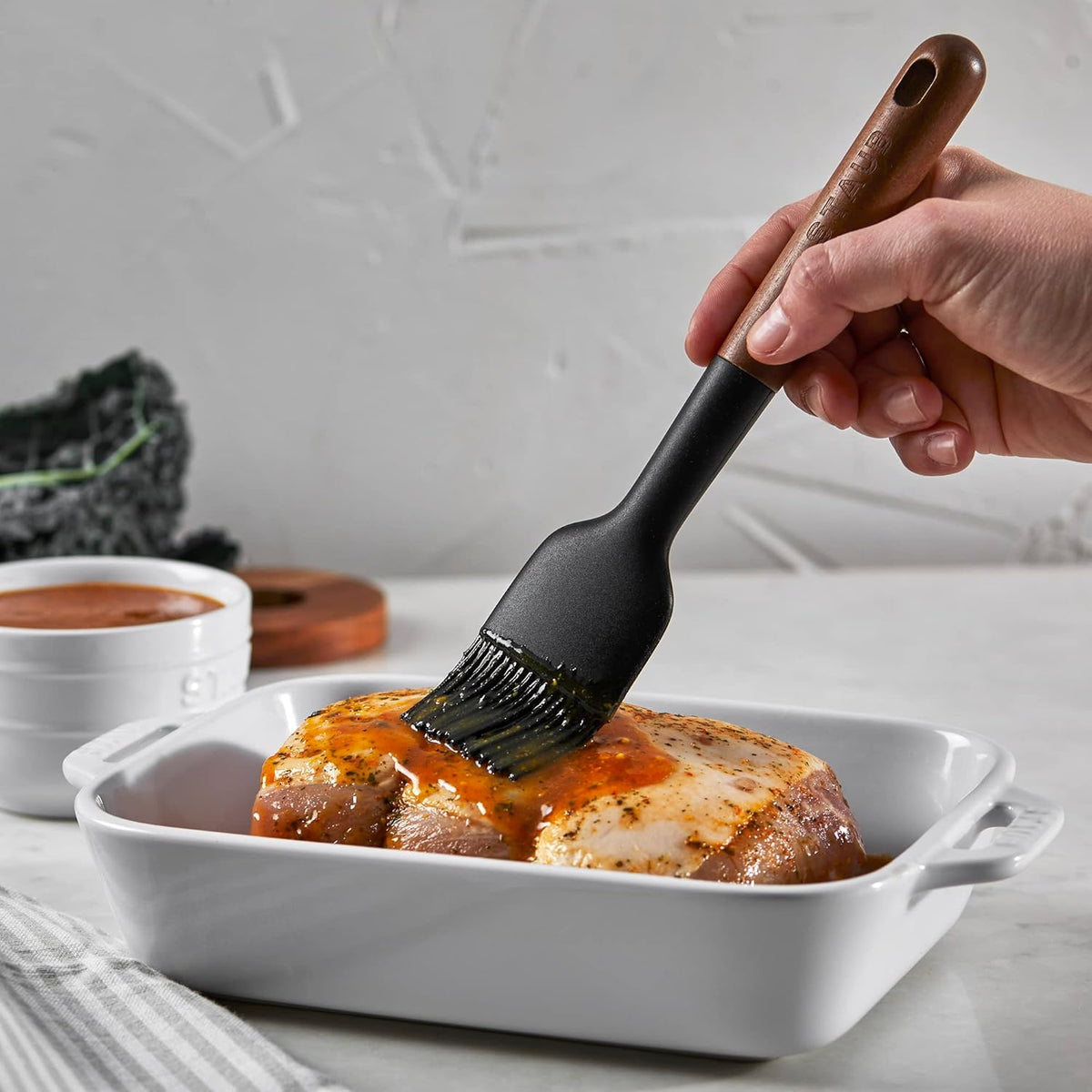 Pastry Brush, Perfect for Evenly Glazing Pastries and Basting Meats, Durable BPA-Free Matte Black Silicone, Acacia Wood Handles, Safe for Nonstick Cooking Surfaces