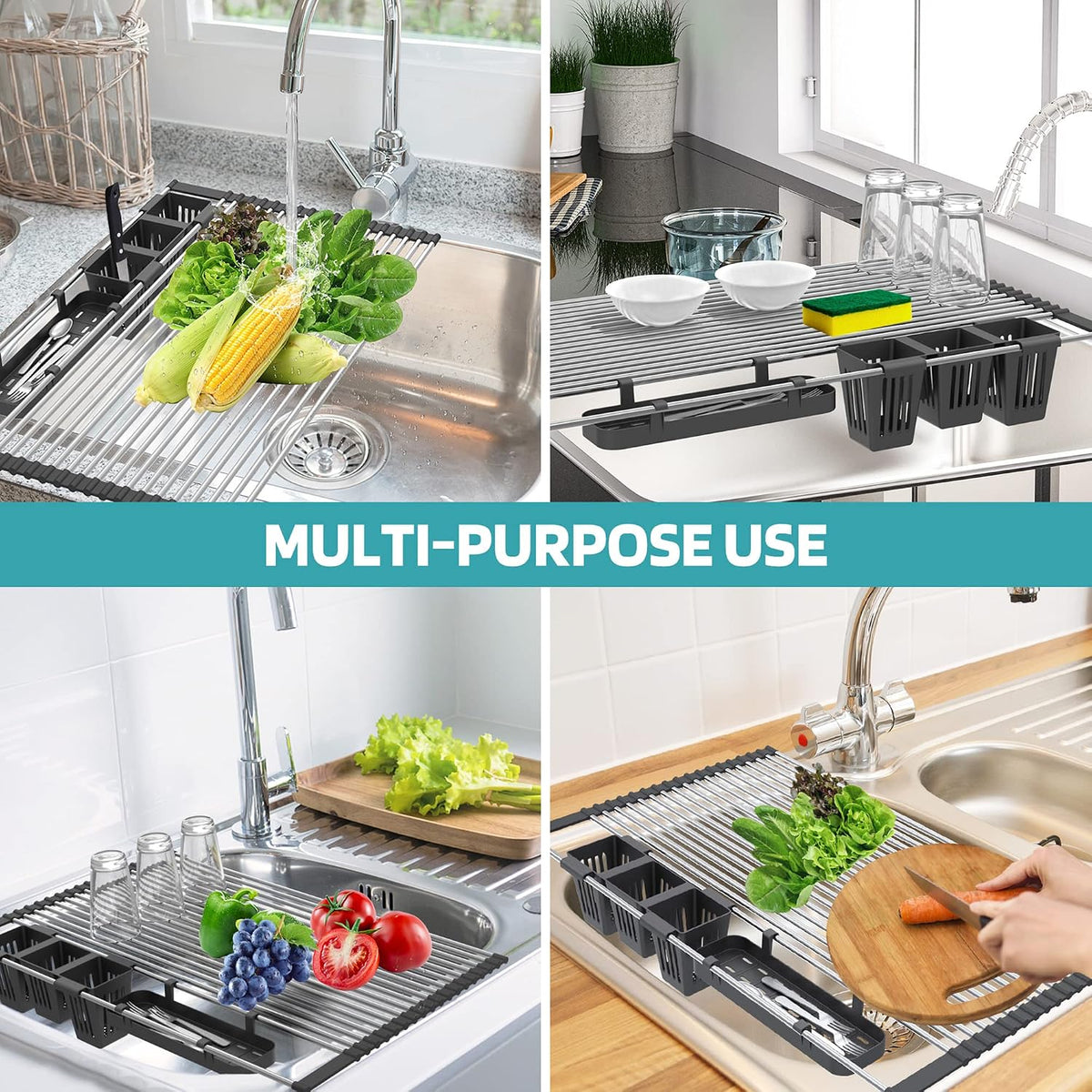 Black Expandable Roll Up Dish Drying Rack Up to 22.8''with 2 Storage Baskets,Over The Sink Kitchen Rolling up Dish Drainer Drying Rack , Foldable,Rollable,for Kitchen Dishes(Expandable Width Size)