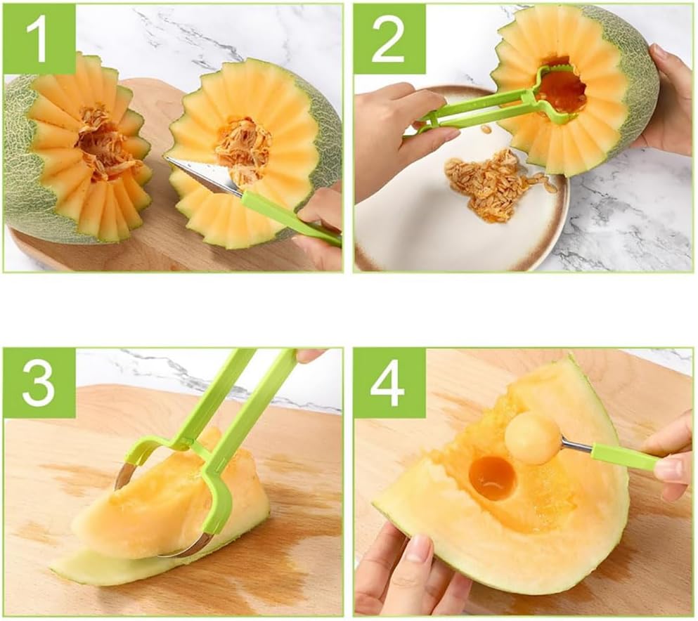 Melon Baller Scoop Set, Stainless Steel 3-in-1 Fruit Carving Tools Knife Kit, Kitchen Gadgets for Easy Fruit Preparation and Perfectly Shaped Fruit