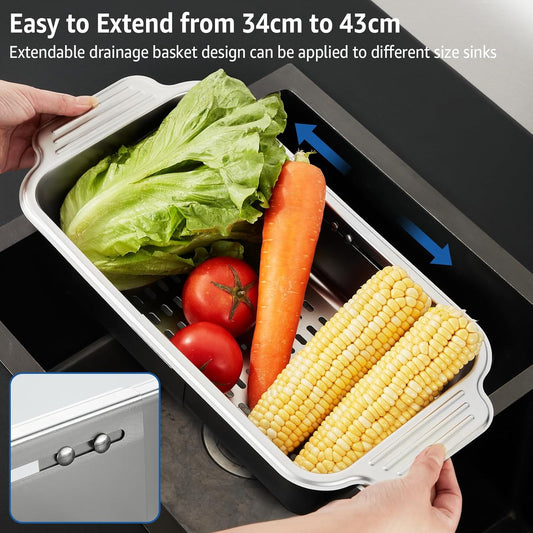 Pollock 4 In 1 Collapsible Sink Colander for Kitchen | Food Grade 304 Stainless Steel Over the Strainer Extend Drain Basket Washing Vegetable Fruits,Dishes