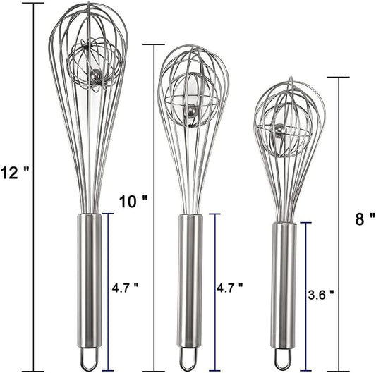 3 Pack 8, 10, 12 inches Balloon Whisk Double Balloon Wire Whisk Blending Whisking Beating Stirring Egg Beater Stainless Steel (with inside Ball)