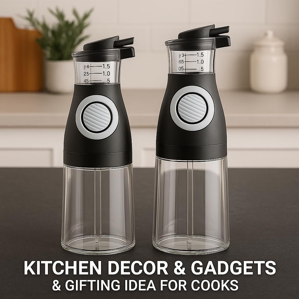Oil and Vinegar Dispenser Set with Measuring Cup - 2 Glass Olive Oil Dispenser Bottles for Kitchen - Cooking Oil Bottle Set, Drip-Free Cruets for Salad Dressing, BPA-Free, Dishwasher Safe