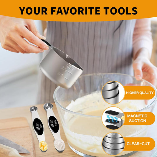 Magnetic Measuring cups and spoons Set, 304 Stainless Steel 5 Magnetic Measuring Cup and 8 Double Sided Measuring Spoons with 1 Leveler,Kitchen Gadgets for Cooking & Baking