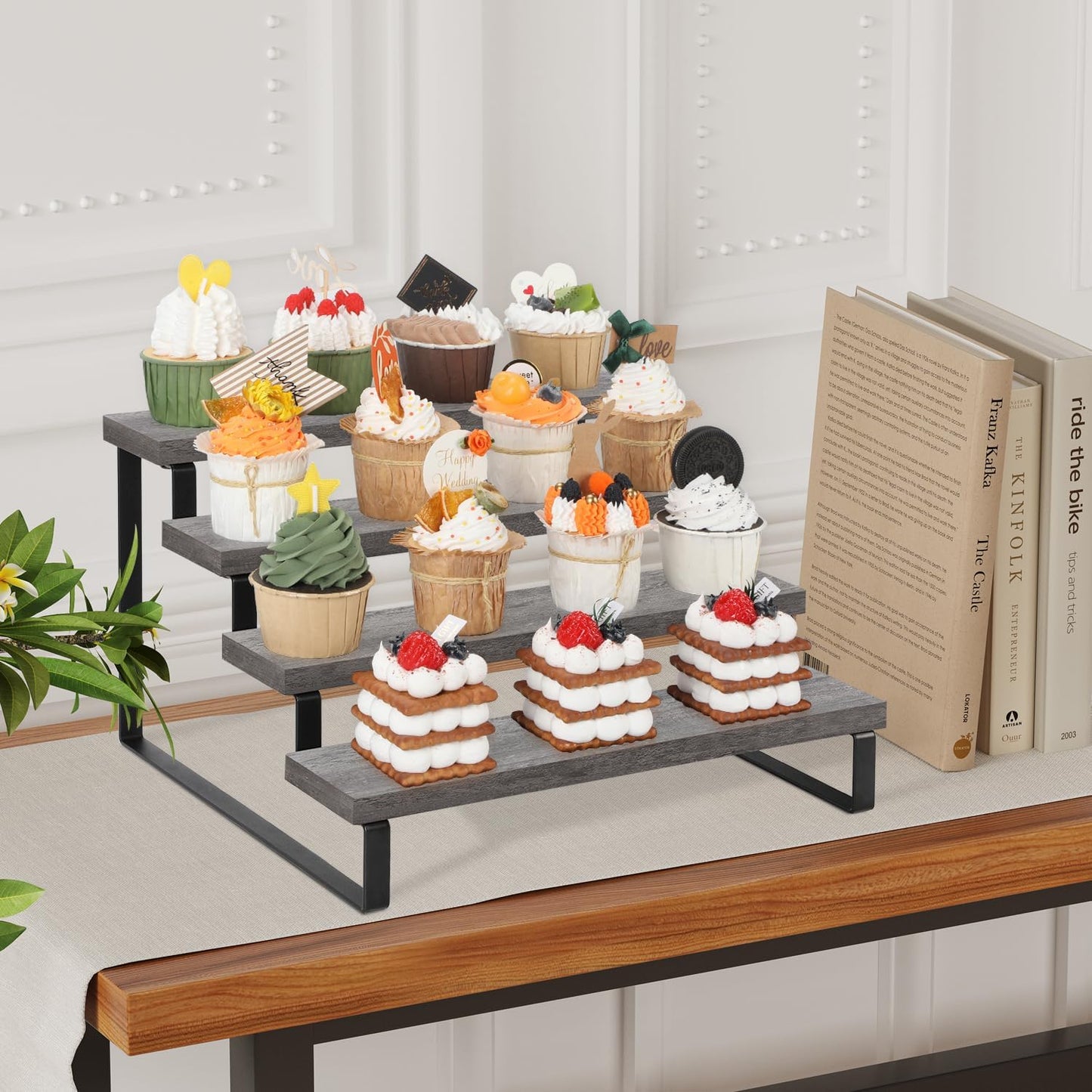 Wooden Display Riser Stand, Tiered Perfume and Cologne Organizer Stand, 4 Tier Spice Rack Organizer, Rustic Display Shelf for Candles (4 Tier)
