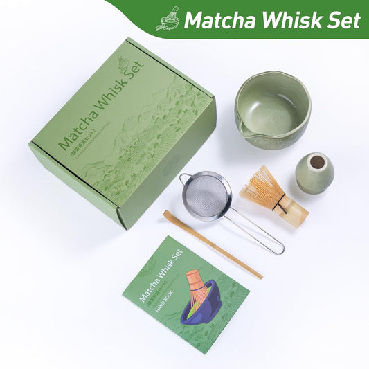 Matcha Whisk Set, 5-Piece Matcha Kit with 18 oz Ceramic Bowl | 18 oz spouted ceramic bowl, bamboo whisk, holder, scoop and stainless steel sifter for traditional matcha and creamy lattes