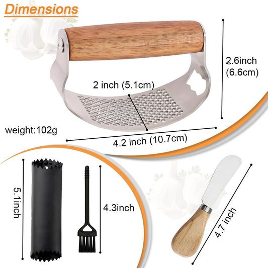 Garlic Press Rocker Stainless Steel Ginger Crusher, Garlic Mincer and Squeezer Kitchen Gadget with Ergonomic handle, Silicone Tube Garlic Peeler, Scraper and Cleaning Brush Tool Set
