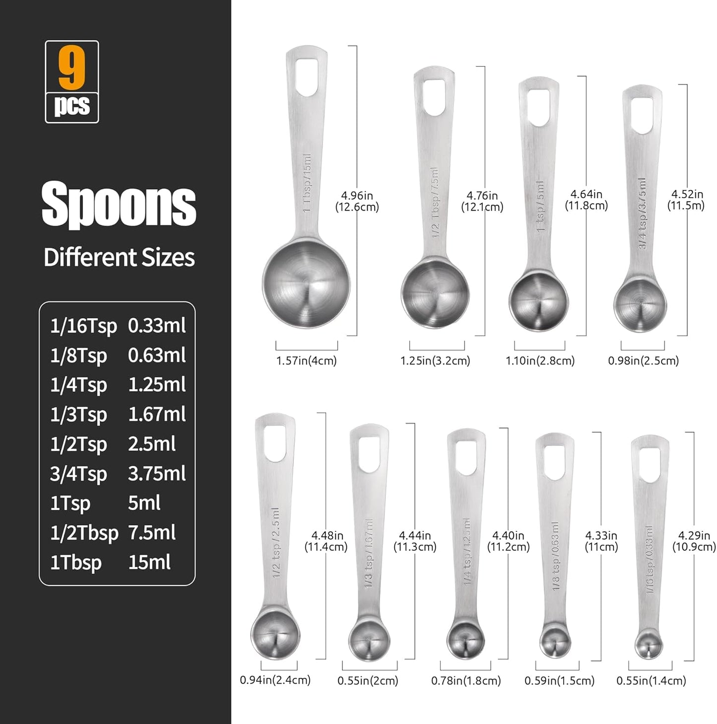 Measuring Spoons Set of 5-18/8 Stainless Steel Heavy Duty Teaspoons Tablespoons with Engraved Metric & US Measurements, Metal Measure Spoon for Dry and Liquid Ingredients, Dishwasher Safe