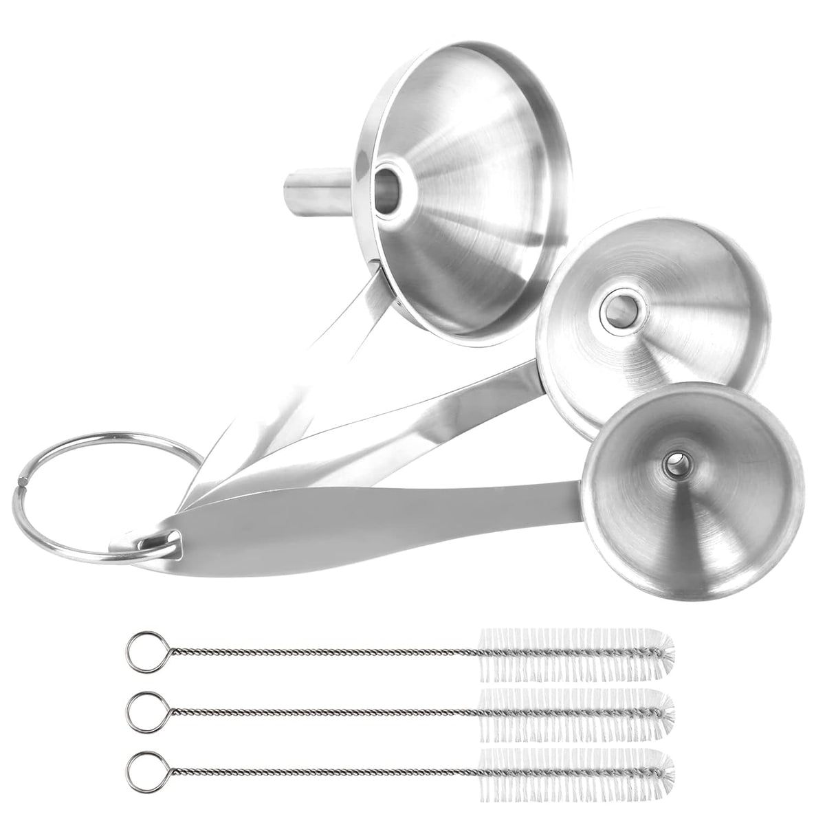 6 Pcs Stainless Steel Mini Funnels for Kitchen use. Large Tiny Small Funnel Set of 3, Metal Cooking Powder Food Grade Flask Funnels for Filling Bottles Liquor Water Spice, 2Pcs Cleaning Brushes