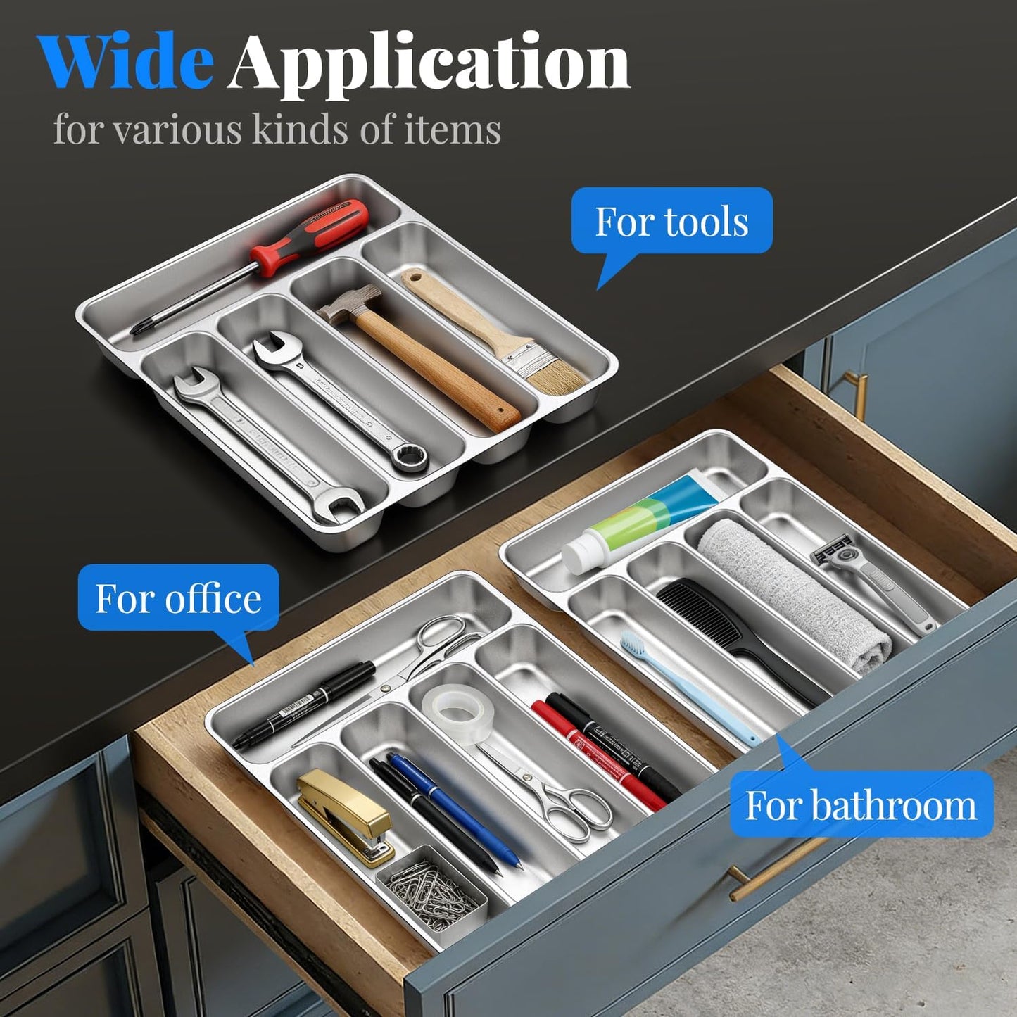 IKOCO Silverware Organizer, Stainless Steel, Dishwasher Safe for Drawer | 13.8" x 11.4" x 1.6", Rust-Resistant & Non-Absorbent, 5-Compartment, Holds Spoons/Forks/Knives