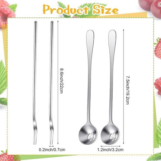4 Pcs Pickle Fork and Olive Spoon Strainer Set Stainless Steel Long Handle Pick Jar Serving Spoon with Drain Hole Prong for Onion Cucumber Arugula(Classic Style)