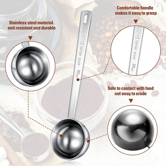 4 Pcs 2 Tablespoon Scoops with Long Handle, 30 ml Stainless Steel Measuring Spoon for Coffee Milk Fruit Powder, Loose Tea Dry, Spice Jar, Cooking Baking, and Other Dry Goods