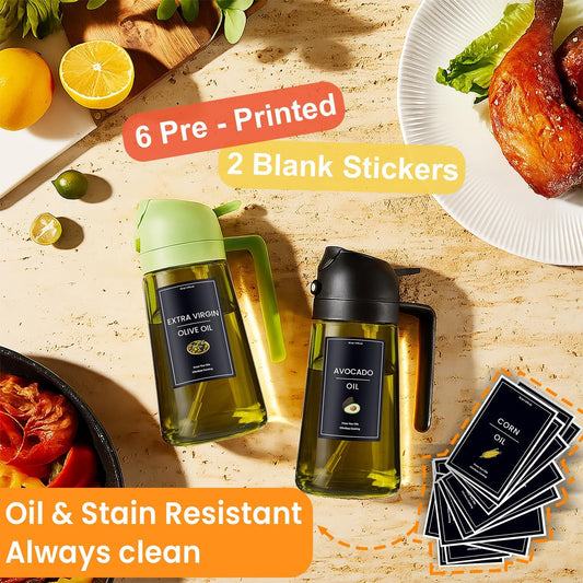 CXINYI - 16oz/470ml Olive Oil Dispenser for Kitchen with Stickers - 2 in 1 Olive Oil Sprayer for Cooking, Air Fryer, and Salad, Black&Green (Light-Proof Kitchen Gadget)