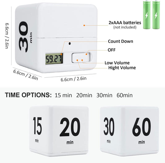 Cube Timer, Productivity Cube Flip Timer, 15-20-30-60 Minute | Time Preset, Kitchen, Studying, Workout, Classroom, Kids ADHD, White
