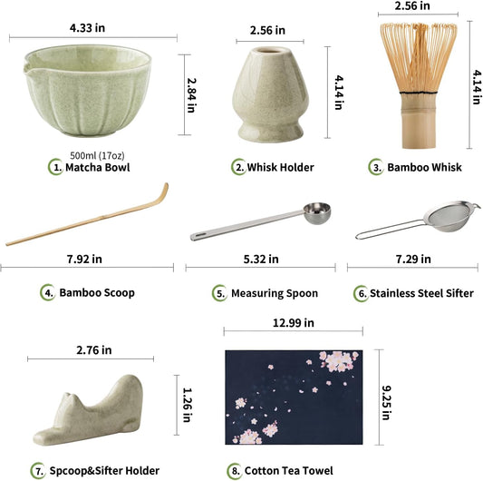 8 Pcs Matcha Whisk Set - Matcha Set with Ceramic Bowl, Bamboo Whisk & Holder, Scoop, Sifter, Measuring Spoon, Scoop Rest & Tea Towel, Complete Gift Kit for Beginners & Tea Lovers