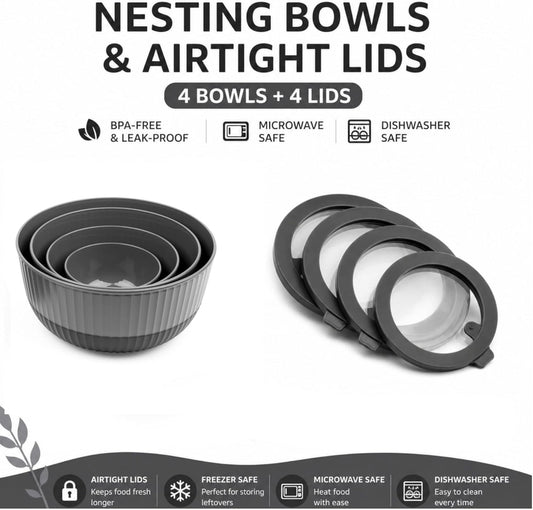 Dora Mixing Bowls with Lids, 8-Piece Airtight Leak-Proof Nesting BPA-Free Prep Bowl Set for Kitchen & Food Storage, Large 4200ml Capacity, Microwave & Dishwasher Safe | Dora