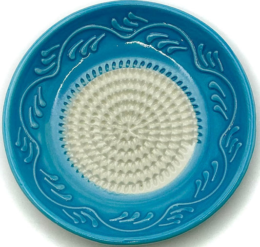 Premium Ceramic Garlic Grater Plate Set - Sky Blue Floral Edge | Includes 5" Plate, Peeler, Brush, and Stand - For Strawberries, Ginger, Chocolate, Cheese, and more - Make your own puree!