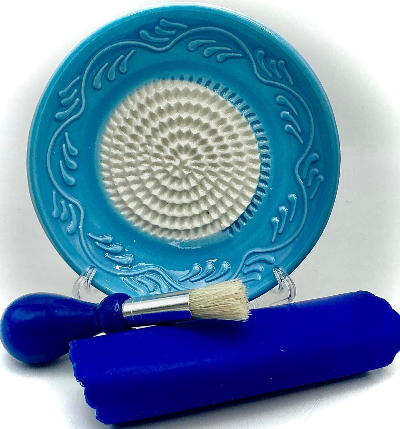 Premium Ceramic Garlic Grater Plate Set - Sky Blue Floral Edge | Includes 5" Plate, Peeler, Brush, and Stand - For Strawberries, Ginger, Chocolate, Cheese, and more - Make your own puree!