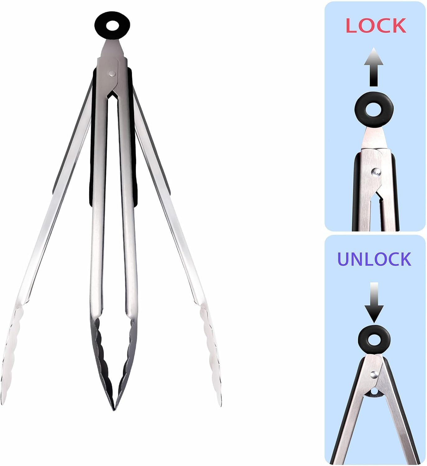Kitchen Tongs Set, 3 PCS, 12, 9 & 7 Inch | Silicone Grips, Lockable, Stainless Steel, Heat Resistant, For Grill Camping Cooking BBQ